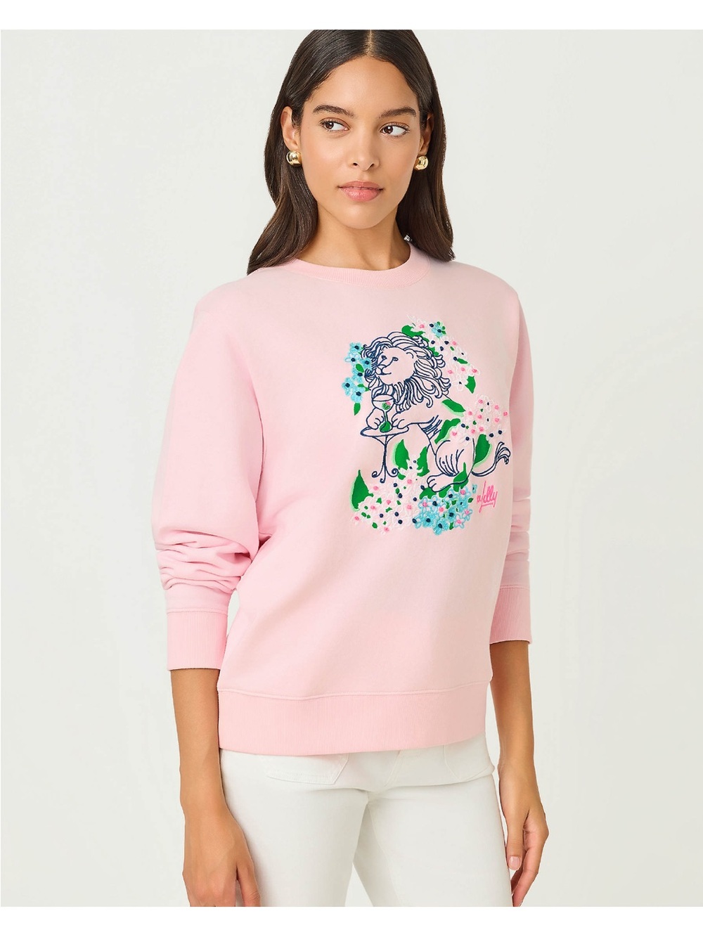 NWT Lilly Pulitzer Ballad Cotton Sweatshirt Embroidered Lion Pink Like New